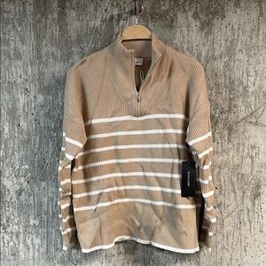 KORYE Women's Striped Quarter Zip Sweater Size M In Taupe